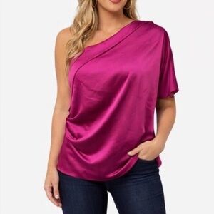 DO+BE Purple Satin One Shoulder Ruched Side Top Size Small